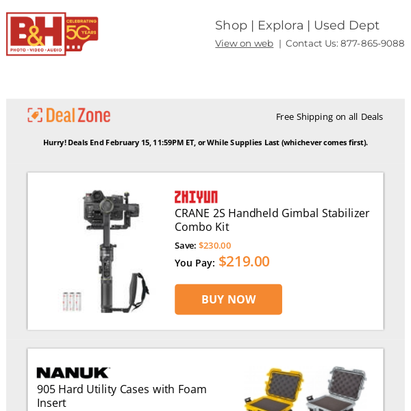 Today's Deals: Zhiyun CRANE 2S Handheld Gimbal Stabilizer Combo Kit, Nanuk 905 Hard Utility Cases w/ Foam Insert, FeelWorld 7" 3 RU Rackmount HDMI LCD Monitor, Core powerbase EDGE LINK 70Wh Battery Pack & More