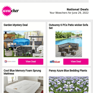 Wowchers for you: Garden Mystery Deal | Outsunny 6-Piece Patio Rattan Sofa Set | Cool Blue Memory Foam Sprung Mattress | Pansy Azure Blue Bedding Plants | Mystery Home Deal