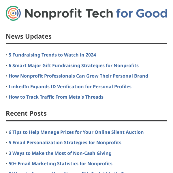 5 Fundraising Trends to Watch in 2024 • 6 Smart Major Gift Fundraising Strategies • Personal Branding for Nonprofit Professionals