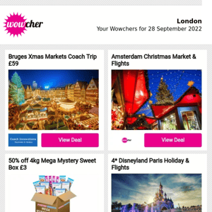 Bruges Xmas Markets Coach Trip £59 | Amsterdam Christmas Market & Flights | 50% off 8kg Mega Mystery Sweet Box £3 | 4* Disneyland Paris Holiday & Flights | Toby Carvery Dining For 2 £17.50 |