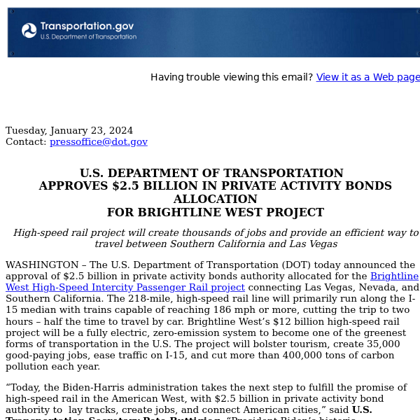 U.S. DEPARTMENT OF TRANSPORTATION   APPROVES $2.5 BILLION IN PRIVATE ACTIVITY BONDS ALLOCATION FOR BRIGHTLINE WEST PROJECT