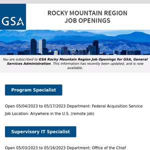 New/Current Job Opportunities in the GSA Rocky Mountain Region