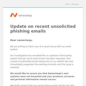 Important: Update on recent unsolicited phishing emails from Namecheap