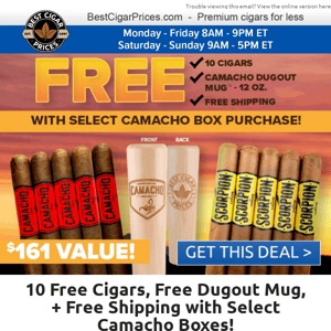 🙏 10 Free Cigars, Free Dugout Mug, + Free Shipping with Select Camacho Boxes 🙏