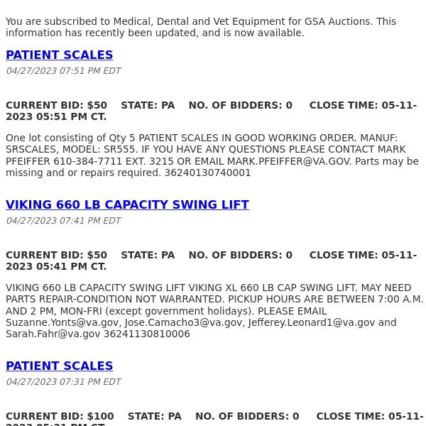 GSA Auctions Medical, Dental and Vet Equipment Update