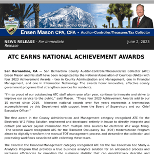 NEWS RELEASE: ATC EARNS NATIONAL ACHIEVEMENT AWARDS