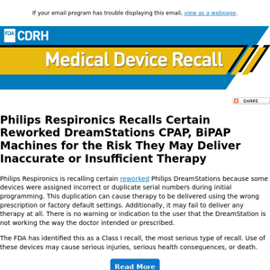 Philips Respironics Recalls Certain Reworked DreamStations for the Risk of Inaccurate or Insufficient Therapy