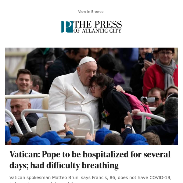 Vatican: Pope to be hospitalized for several days; had difficulty breathing