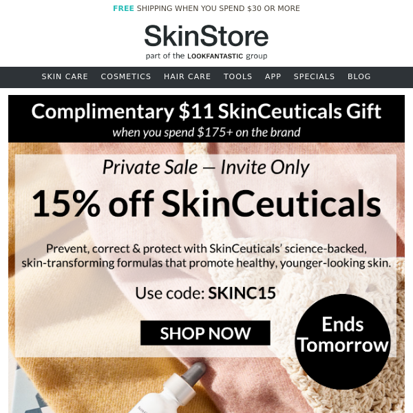 15% off SkinCeuticals + $11 gift with purchase — Ends tomorrow