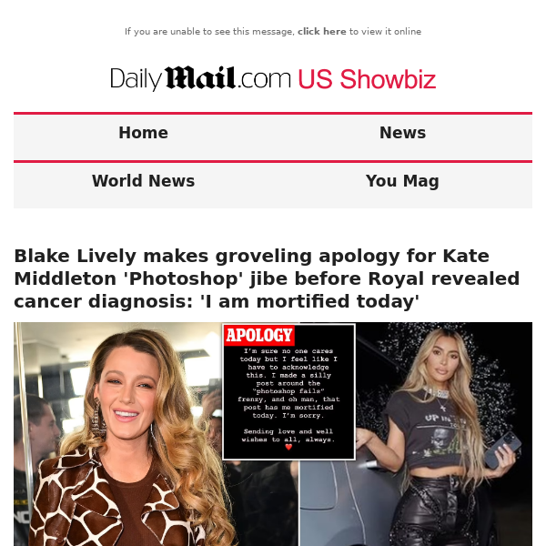 Blake Lively makes groveling apology for Kate Middleton 'Photoshop' jibe before Royal revealed cancer diagnosis: 'I am mortified today'
