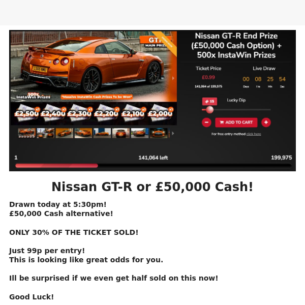 Nissan GT-R or £50,000 Drawn TODAY!