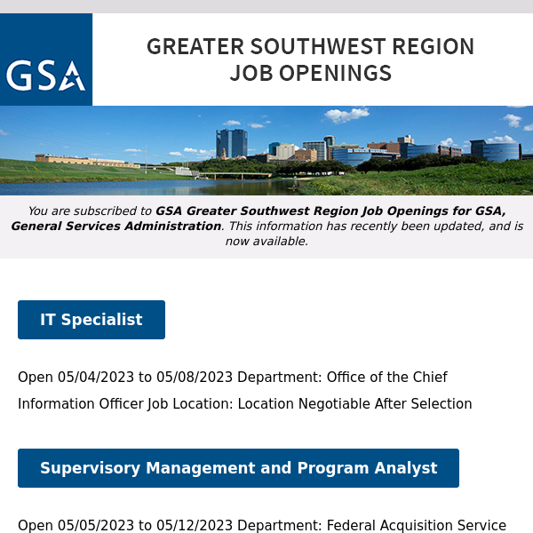 New/Current Job Opportunities in the GSA Greater Southwest Region