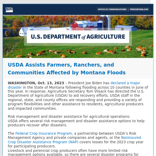 USDA Assists Farmers, Ranchers, and Communities Affected by Montana Floods
