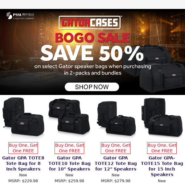 Gator BOGO Sale: Save 50% on speaker bag bundles