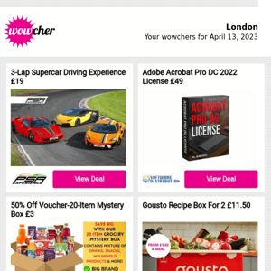 3-Lap Supercar Driving Experience £19 | Adobe Acrobat Pro DC 2022 License £49  | 50% Off Voucher-20-Item Mystery Box £3 | Gousto Recipe Box For 2 £11.50 | Gin Festival 'Junipalooza' Ticket