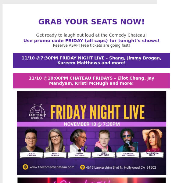 Claim your FREE Comedy tickets for Shang tonight!