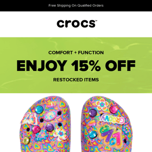 Back in stock! Enjoy 15% off your comfy Crocs order