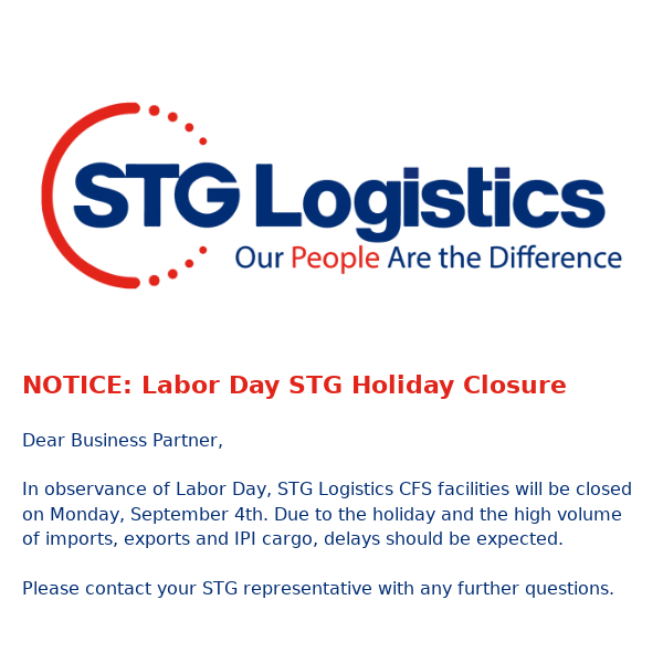 NOTICE: Labor Day STG Holiday Closure