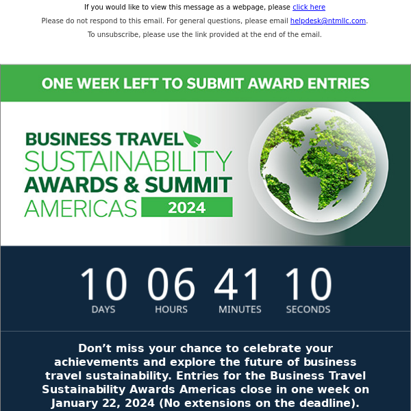 Ten Days Left to Submit Your Entry for the Business Travel Sustainability Awards Americas