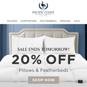 Last Days to Shop 20% OFF Featherbeds & Pillows!