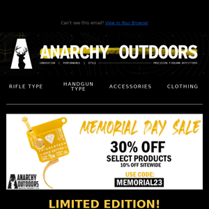 Don't forget! Memorial Day SALE for Anarchy Outdoors