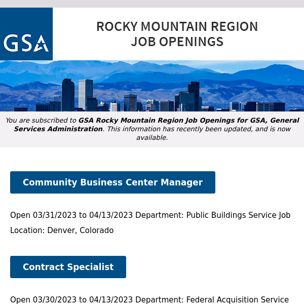 New/Current Job Opportunities in the GSA Rocky Mountain Region