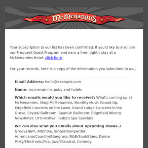 McMenamins Web Subscribers: Subscription Confirmed