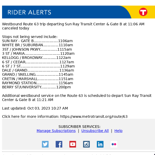 Later today: Route 63 trip departing Sun Ray Transit Center & Gate B at 11:06 AM canceled