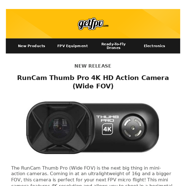 🚀  New Products: RunCam Thumb Pro Wide FOV  |  Back in Stock: TBS Tango 2, Fat Shark Dominator HDO 2.1 FPV Goggles  🚀