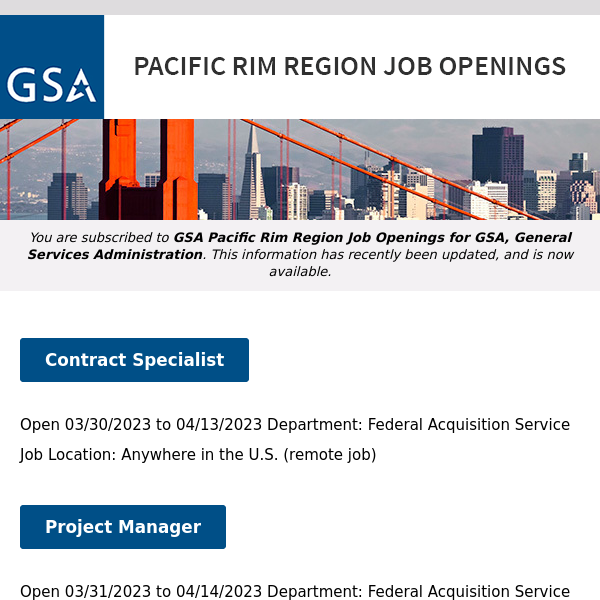 New/Current Job Opportunities in the GSA Pacific Rim Region