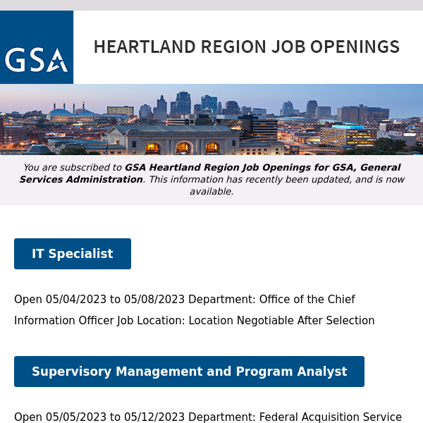 New/Current Job Opportunities in the GSA Heartland Region