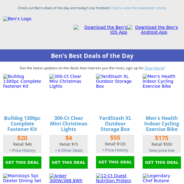 Ben's Best Deals: $20 Fastener Kit (1300pc) - $175 Exercise Bike - $55 Yard Storage Box - $6 Spray Bottles (8pk) - $200 Power Station