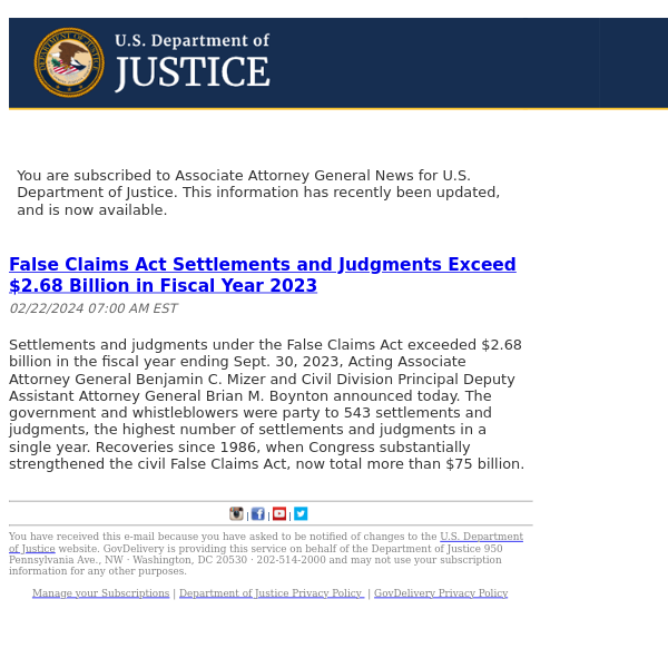 U.S. Department of Justice Associate Attorney General News Update