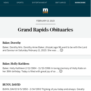 Today's Grand Rapids obituaries for February 13, 2023
