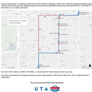 220 - Highland Drive / 1300 East Northbound Detour