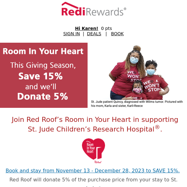 Red Roof, Save 15% and we'll Donate 5%