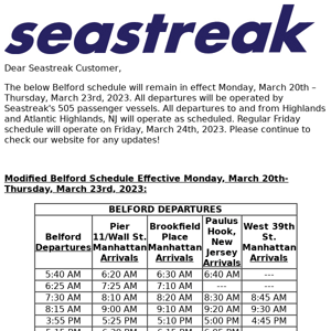 NJ/NYC Belford Service Alert for Monday, March 20th-Thursday, March 23rd, 2023