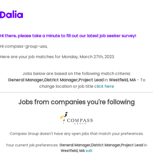 Daily jobs digest for Compass Group USA - 1 new jobs in Westfield, MA