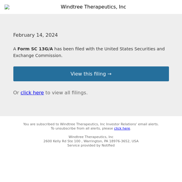 New Form SC 13G/A for Windtree Therapeutics, Inc