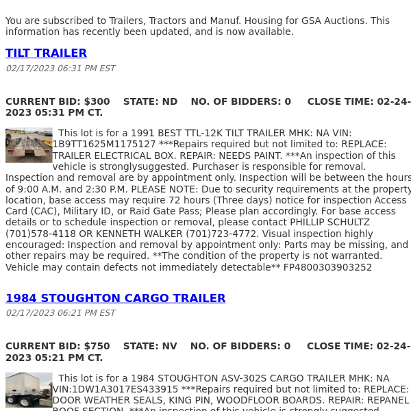 GSA Auctions Trailers, Tractors and Manuf. Housing Update