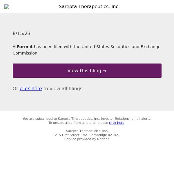 New Form 4 for Sarepta Therapeutics, Inc.