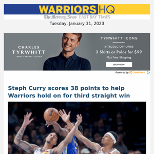 Steph Curry scores 38 points to help Warriors hold on for third straight win