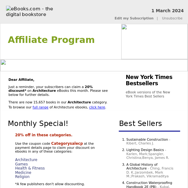 Affiliate Program : 20% Discount on Architecture eBooks, See Coupon Code...