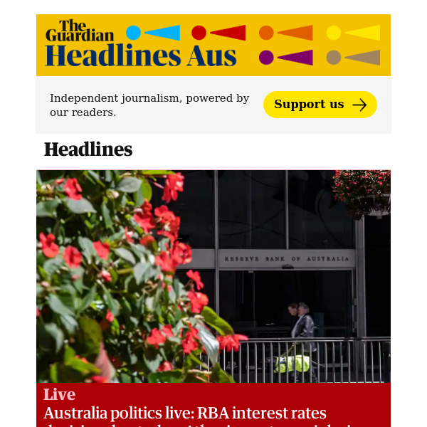 The Guardian Headlines: Australia politics live: RBA interest rates decision due today; Atlassian cuts 500 jobs in latest tech layoffs