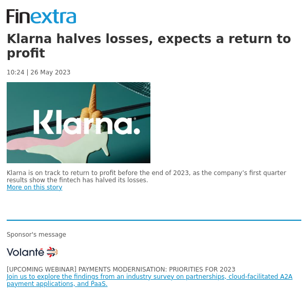 Finextra News Flash: Klarna halves losses, expects a return to profit