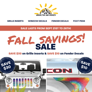 🤑 Save $30 on Grille Inserts and $10 on Fender Decals During Fall Savings Sale!