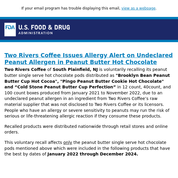 Two Rivers Coffee Issues Allergy Alert on Undeclared Peanut Allergen in Peanut Butter Hot Chocolate