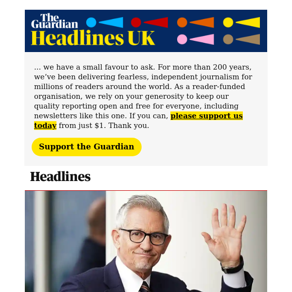 The Guardian Headlines: BBC leadership under renewed pressure after Gary Lineker U-turn