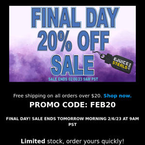 FINAL DAY WEEKEND SALE 20% OFF WITH FREE US SHIPPING OVER $20!
