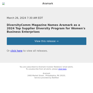 DiversityComm Magazine Names Aramark as a 2024 Top Supplier Diversity Program for Women's Business Enterprises